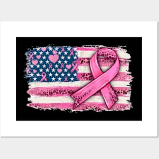 American Flag Pink Ribbon Leopard Breast Cancer Awarenes Posters and Art